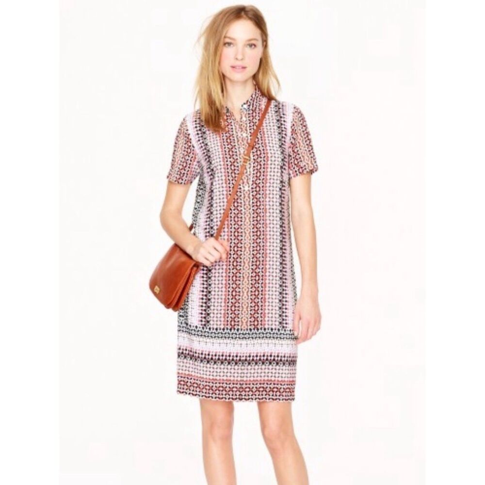 J. CREW 100% Silk Multicolor Geometric Print Shift Shirt Dress, Sz 2